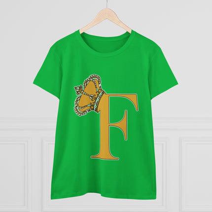 Women's Midweight Cotton Tee. Print Queen Letter F