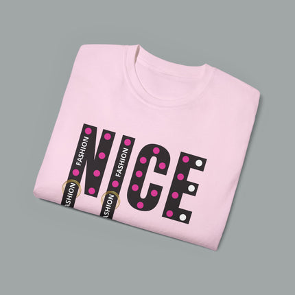 💖 NICE” Fashion Graphic Tee – White Pink Dot Edition