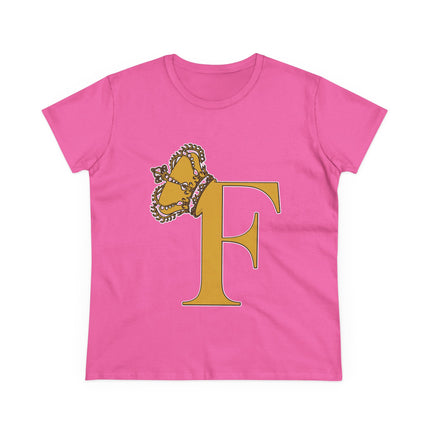 Women's Midweight Cotton Tee. Print Queen Letter F