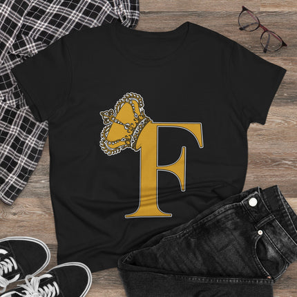 Women's Midweight Cotton Tee. Print Queen Letter F