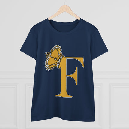 Women's Midweight Cotton Tee. Print Queen Letter F