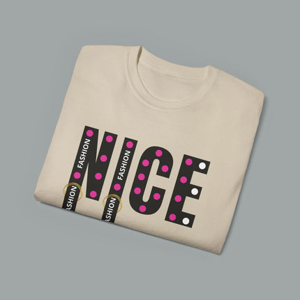 💖 NICE” Fashion Graphic Tee – White Pink Dot Edition
