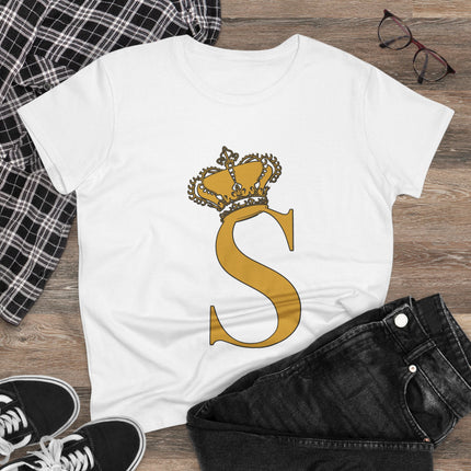 Women's Midweight Cotton Tee, Print Queen Letter S