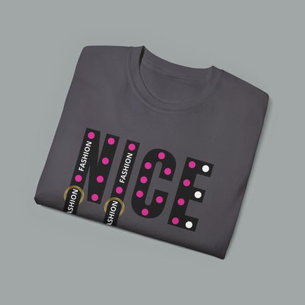💖 NICE” Fashion Graphic Tee – White Pink Dot Edition
