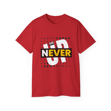 🔥 NEVER GIVE UP” Motivational Graphic T-Shirt – Bold Red