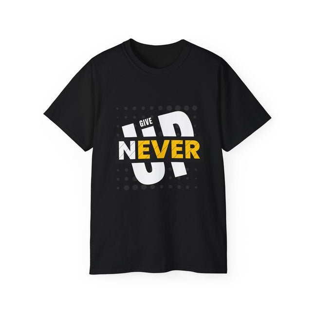 🔥 NEVER GIVE UP” Motivational Graphic T-Shirt – Bold Red