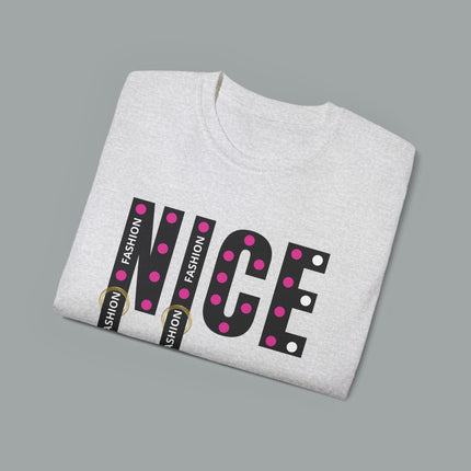 💖 NICE” Fashion Graphic Tee – White Pink Dot Edition