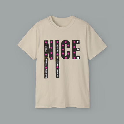 💖 NICE” Fashion Graphic Tee – White Pink Dot Edition