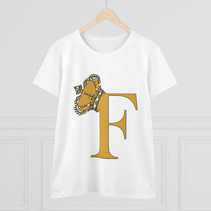 Women's Midweight Cotton Tee. Print Queen Letter F