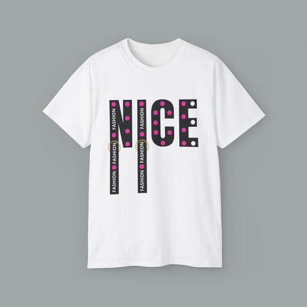 💖 NICE” Fashion Graphic Tee – White Pink Dot Edition