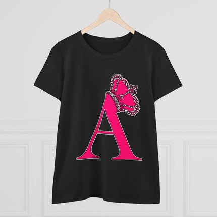Women's Midweight Cotton Tee, Print Alphabet Letter A