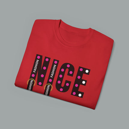 💖 NICE” Fashion Graphic Tee – White Pink Dot Edition