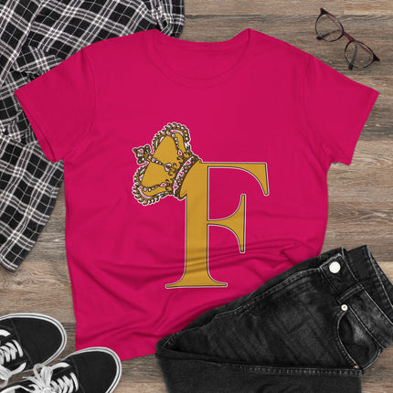 Women's Midweight Cotton Tee. Print Queen Letter F