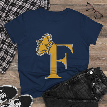 Women's Midweight Cotton Tee. Print Queen Letter F