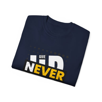 🔥 NEVER GIVE UP” Motivational Graphic T-Shirt – Bold Red