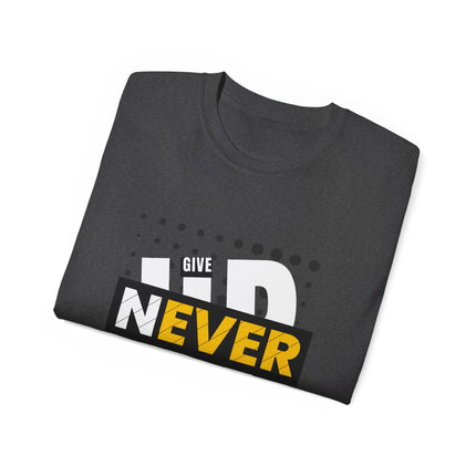 🔥 NEVER GIVE UP” Motivational Graphic T-Shirt – Bold Red