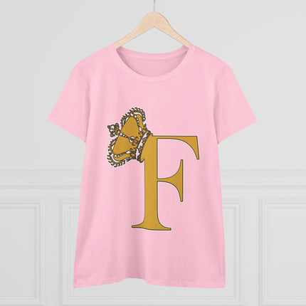 Women's Midweight Cotton Tee. Print Queen Letter F
