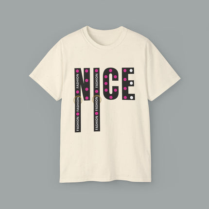 💖 NICE” Fashion Graphic Tee – White Pink Dot Edition