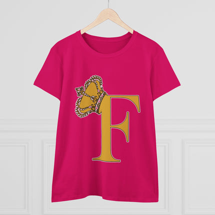 Women's Midweight Cotton Tee. Print Queen Letter F