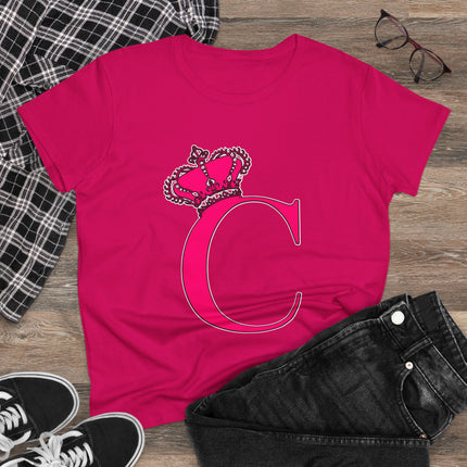 Women's Midweight Cotton Tee, Print Queen Letter C
