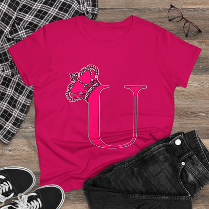 Women's Midweight Cotton Tee, Print Queen Letter U