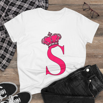 Women's Midweight Cotton Tee, Print Queen Letter S