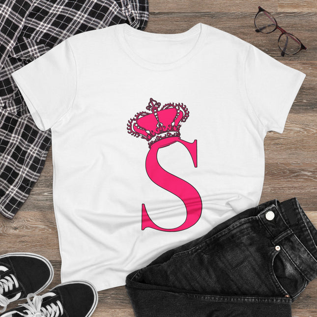 Women's Midweight Cotton Tee, Print Queen Letter S