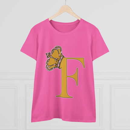Women's Midweight Cotton Tee. Print Queen Letter F
