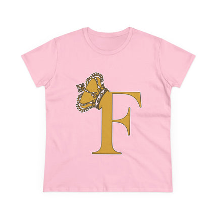 Women's Midweight Cotton Tee. Print Queen Letter F
