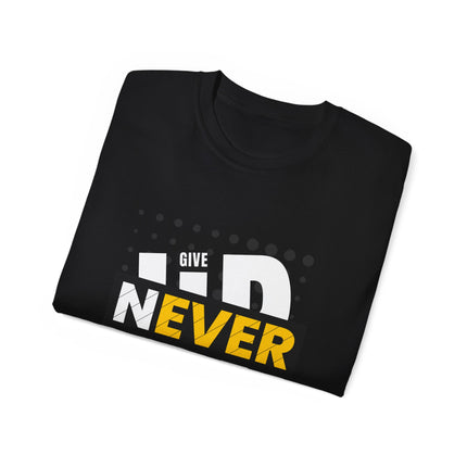 🔥 NEVER GIVE UP” Motivational Graphic T-Shirt – Bold Red