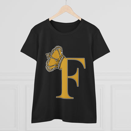 Women's Midweight Cotton Tee. Print Queen Letter F