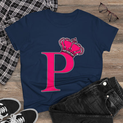 Women's Midweight Cotton Tee, Print Queen Letter P