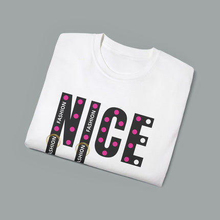 💖 NICE” Fashion Graphic Tee – White Pink Dot Edition