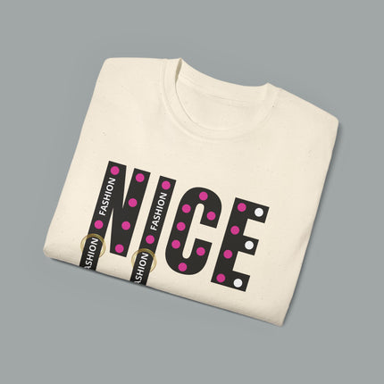 💖 NICE” Fashion Graphic Tee – White Pink Dot Edition
