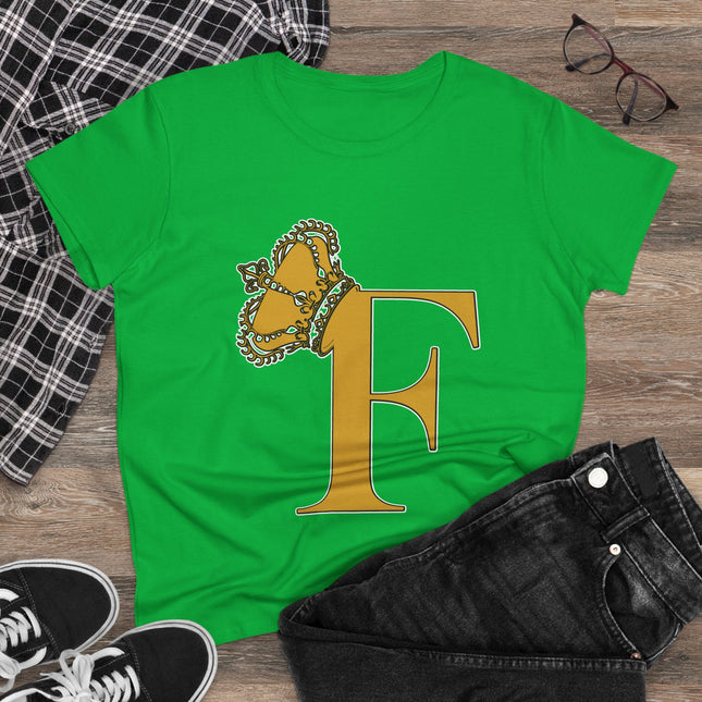 Women's Midweight Cotton Tee. Print Queen Letter F