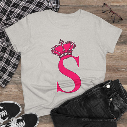 Women's Midweight Cotton Tee, Print Queen Letter S