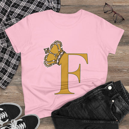 Women's Midweight Cotton Tee. Print Queen Letter F