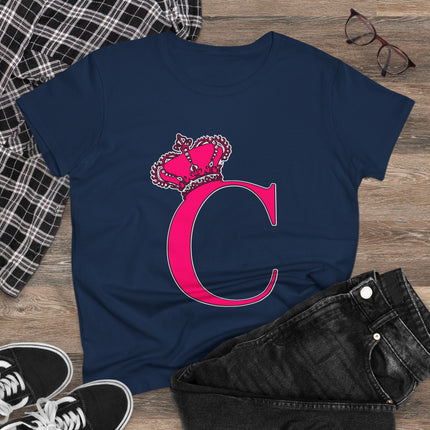 Women's Midweight Cotton Tee, Print Queen Letter C