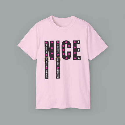 💖 NICE” Fashion Graphic Tee – White Pink Dot Edition