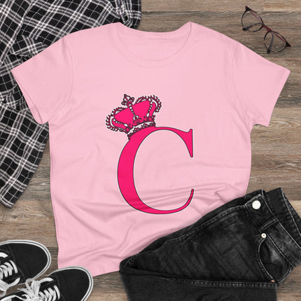 Women's Midweight Cotton Tee, Print Queen Letter C