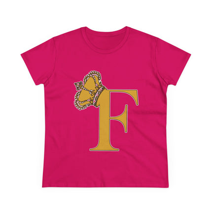 Women's Midweight Cotton Tee. Print Queen Letter F