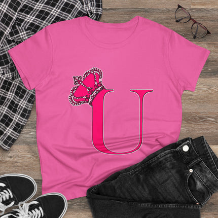 Women's Midweight Cotton Tee, Print Queen Letter U