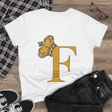 Women's Midweight Cotton Tee. Print Queen Letter F