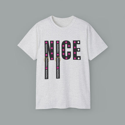 💖 NICE” Fashion Graphic Tee – White Pink Dot Edition