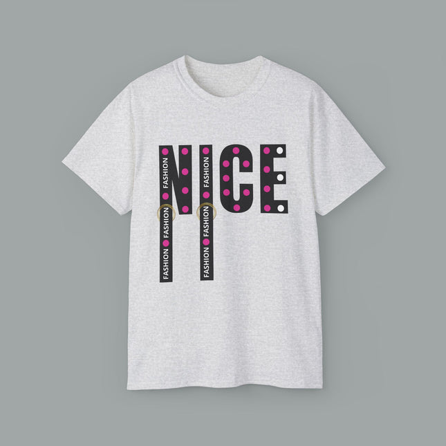 💖 NICE” Fashion Graphic Tee – White Pink Dot Edition