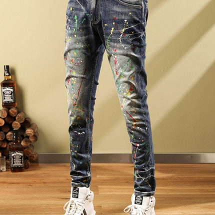 Personalized Fashion Jeans Men's Casual Slim Fit Skinny Retro Splash-ink Paint Trousers