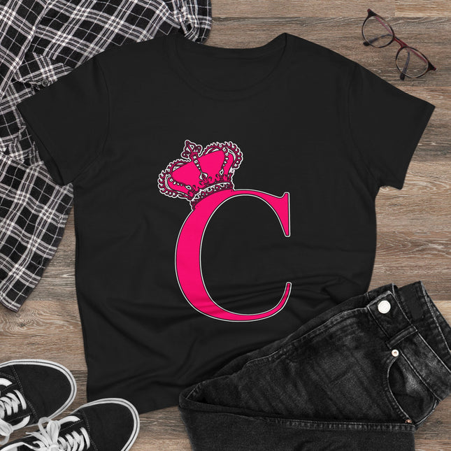 Women's Midweight Cotton Tee, Print Queen Letter C