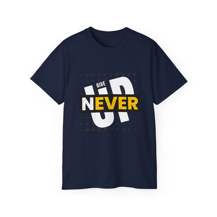 🔥 NEVER GIVE UP” Motivational Graphic T-Shirt – Bold Red