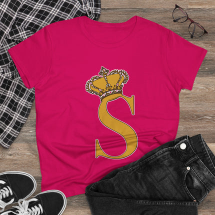 Women's Midweight Cotton Tee, Print Queen Letter S