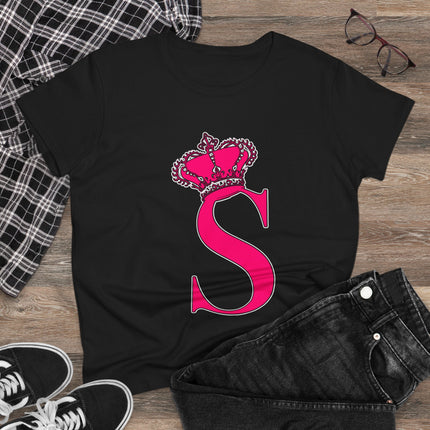 Women's Midweight Cotton Tee, Print Queen Letter S